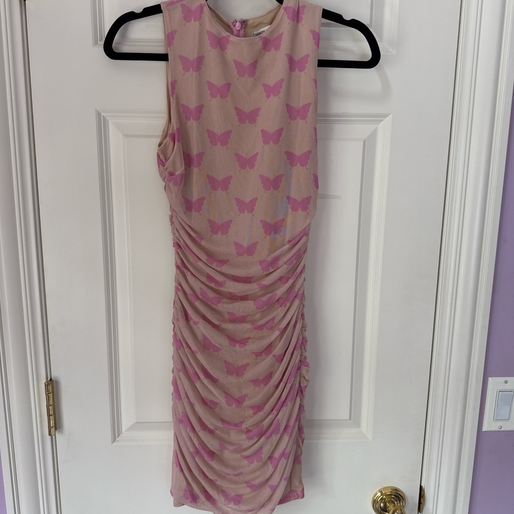 Sandy Liang Pink Butterfly Print Ruched Dress